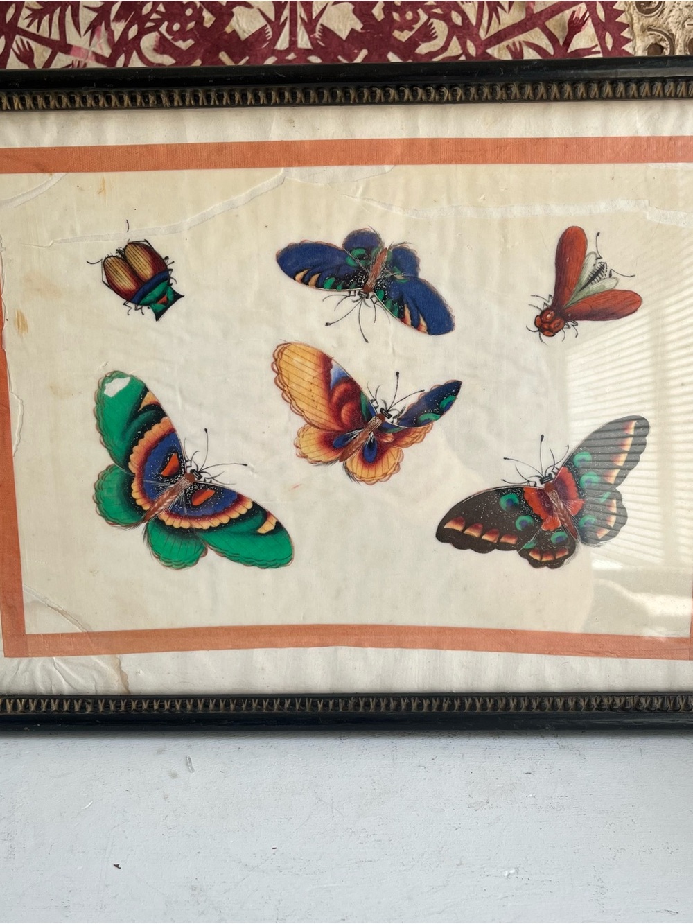Antique Chinese hand painted 19th century butterfly pith paper painting